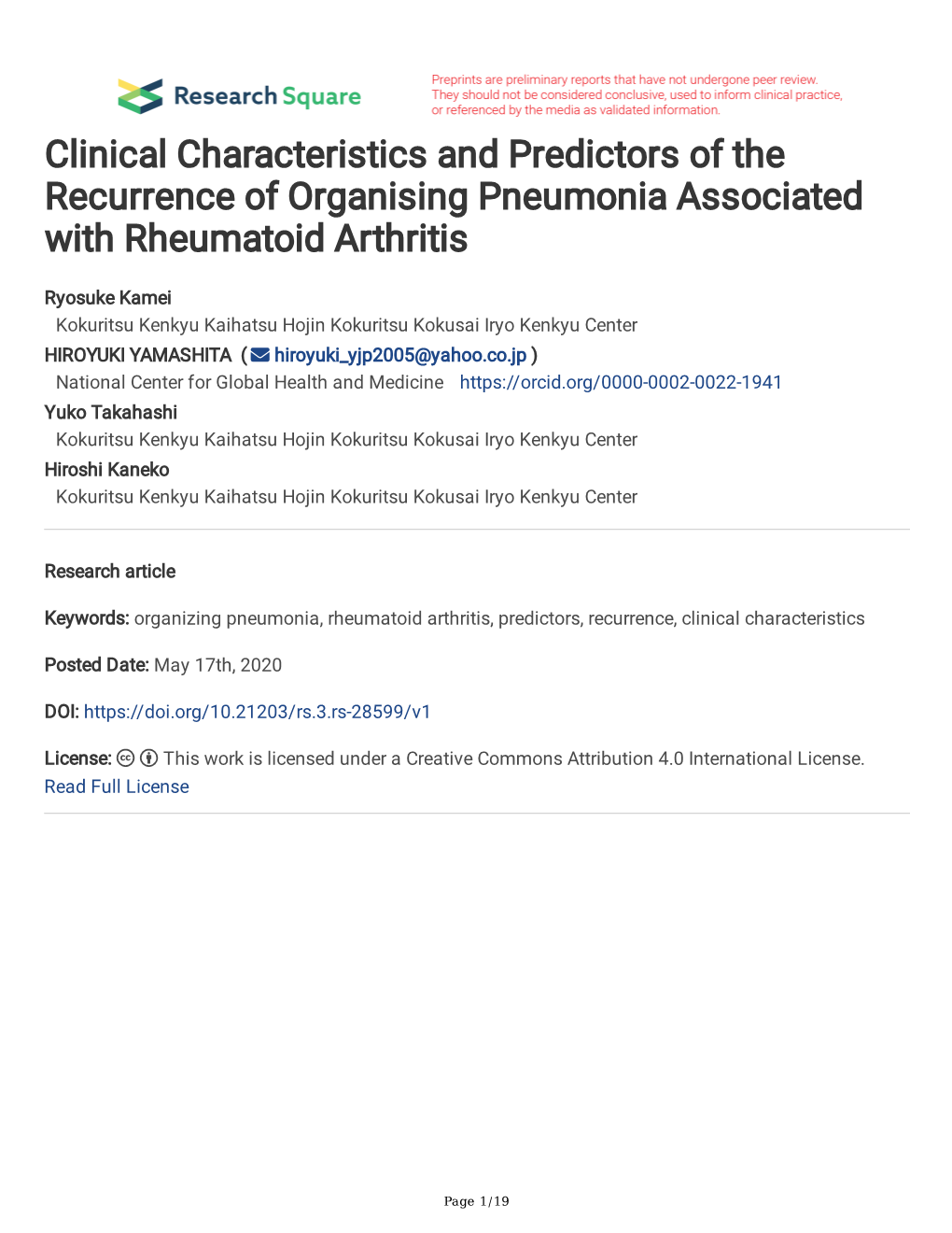 Clinical Characteristics and Predictors of the Recurrence of Organising Pneumonia Associated with Rheumatoid Arthritis