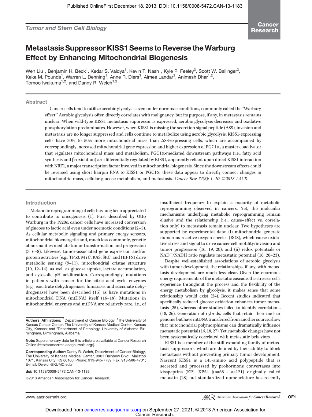 Metastasis Suppressor KISS1 Seems to Reverse the Warburg Effect by Enhancing Mitochondrial Biogenesis