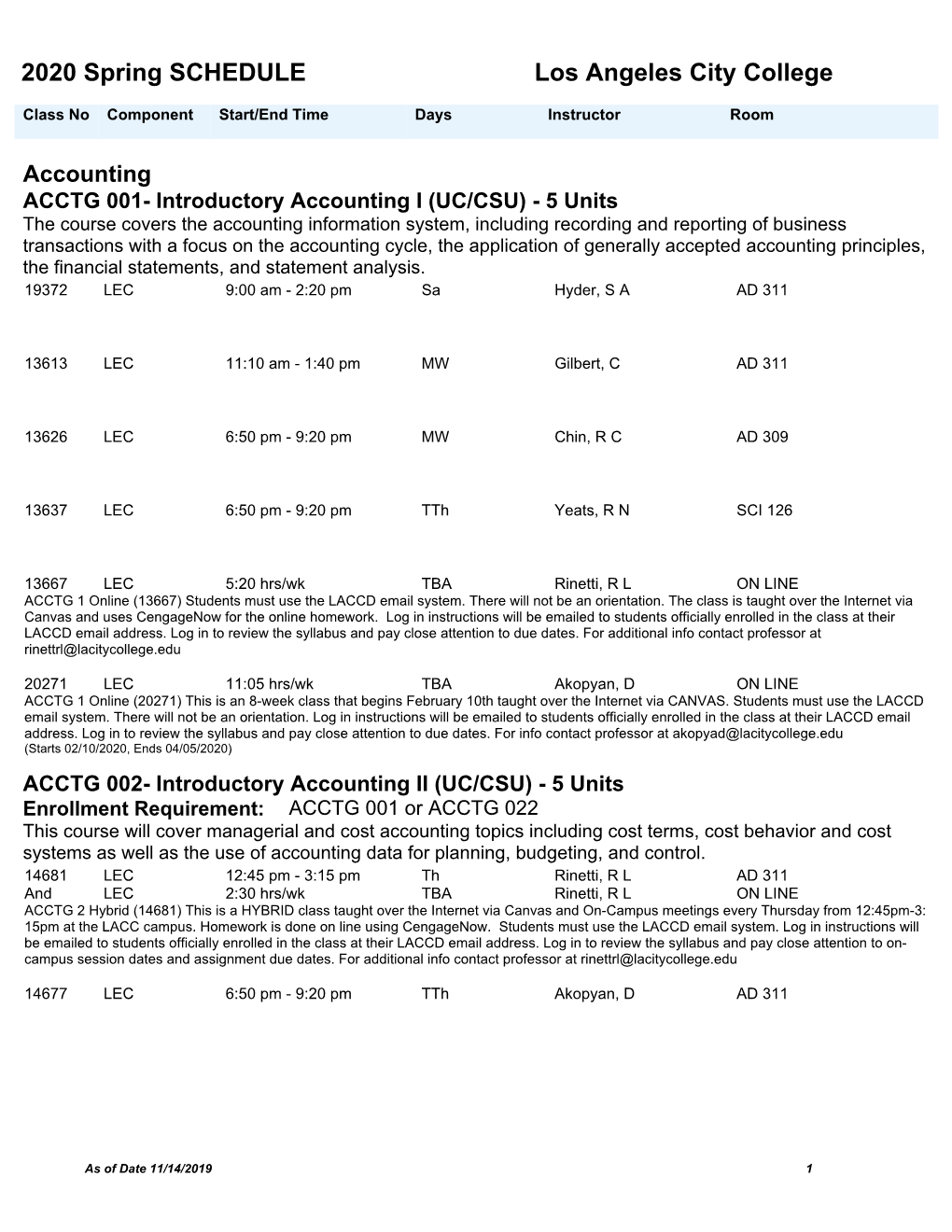 2020 Spring SCHEDULE Los Angeles City College