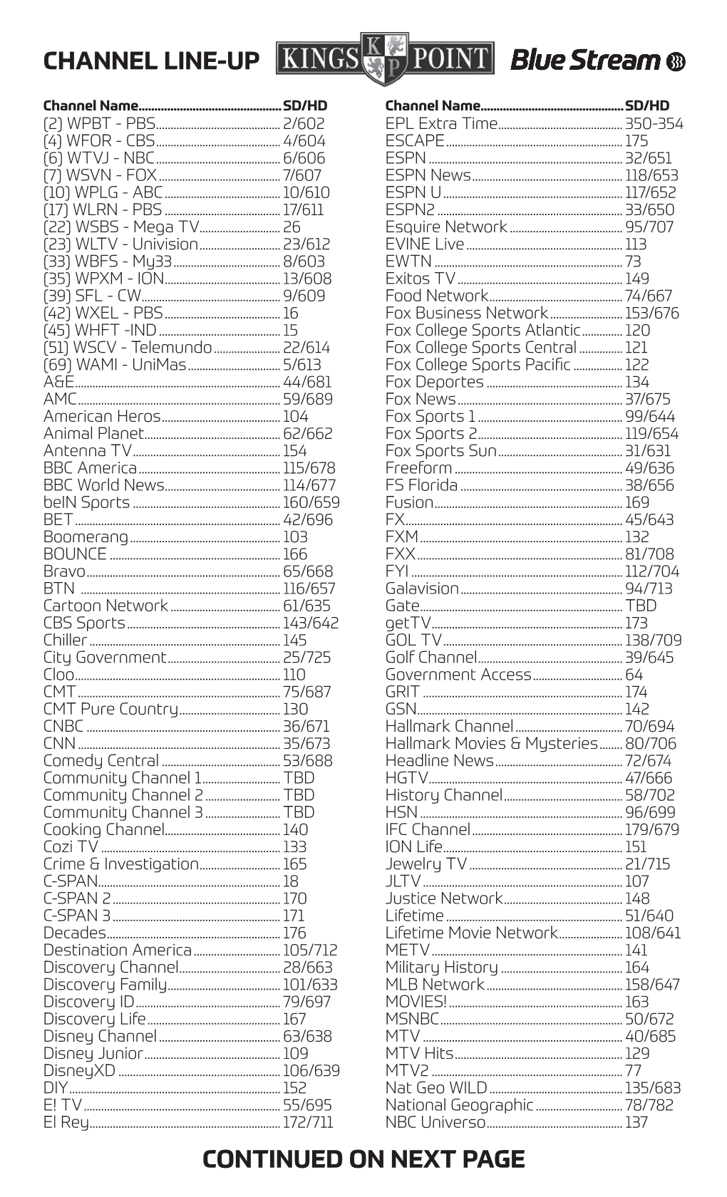 Channel Line-Up Continued on Next Page