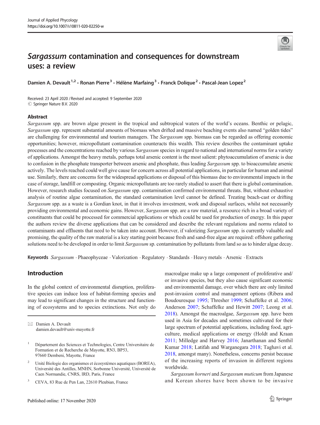 Sargassum Contamination and Consequences for Downstream Uses: a Review