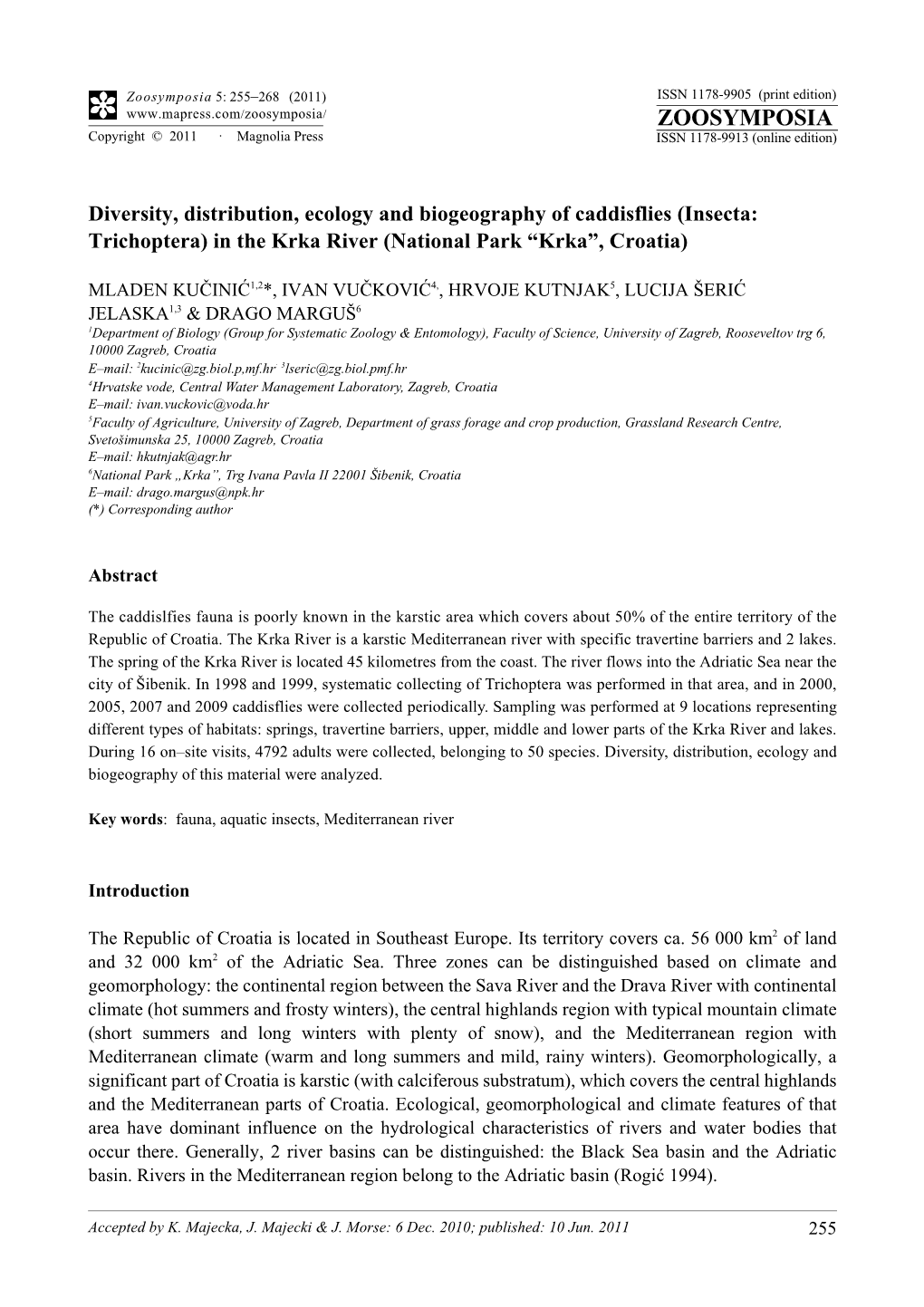 Diversity, Distribution, Ecology and Biogeography of Caddisflies (Insecta: Trichoptera) in the Krka River (National Park “Krka”, Croatia)