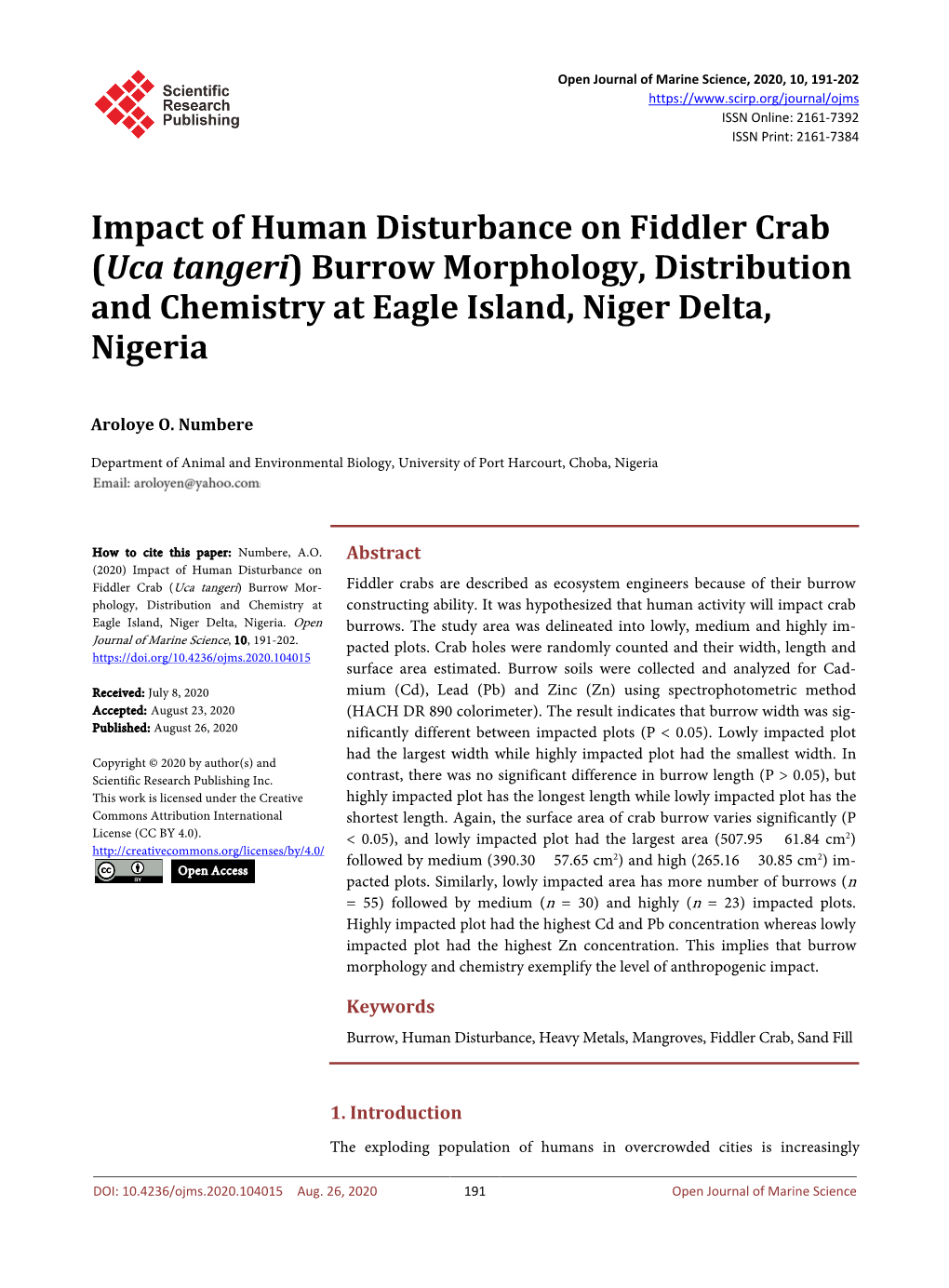 Impact of Human Disturbance on Fiddler Crab (Uca Tangeri) Burrow Morphology, Distribution and Chemistry at Eagle Island, Niger Delta, Nigeria