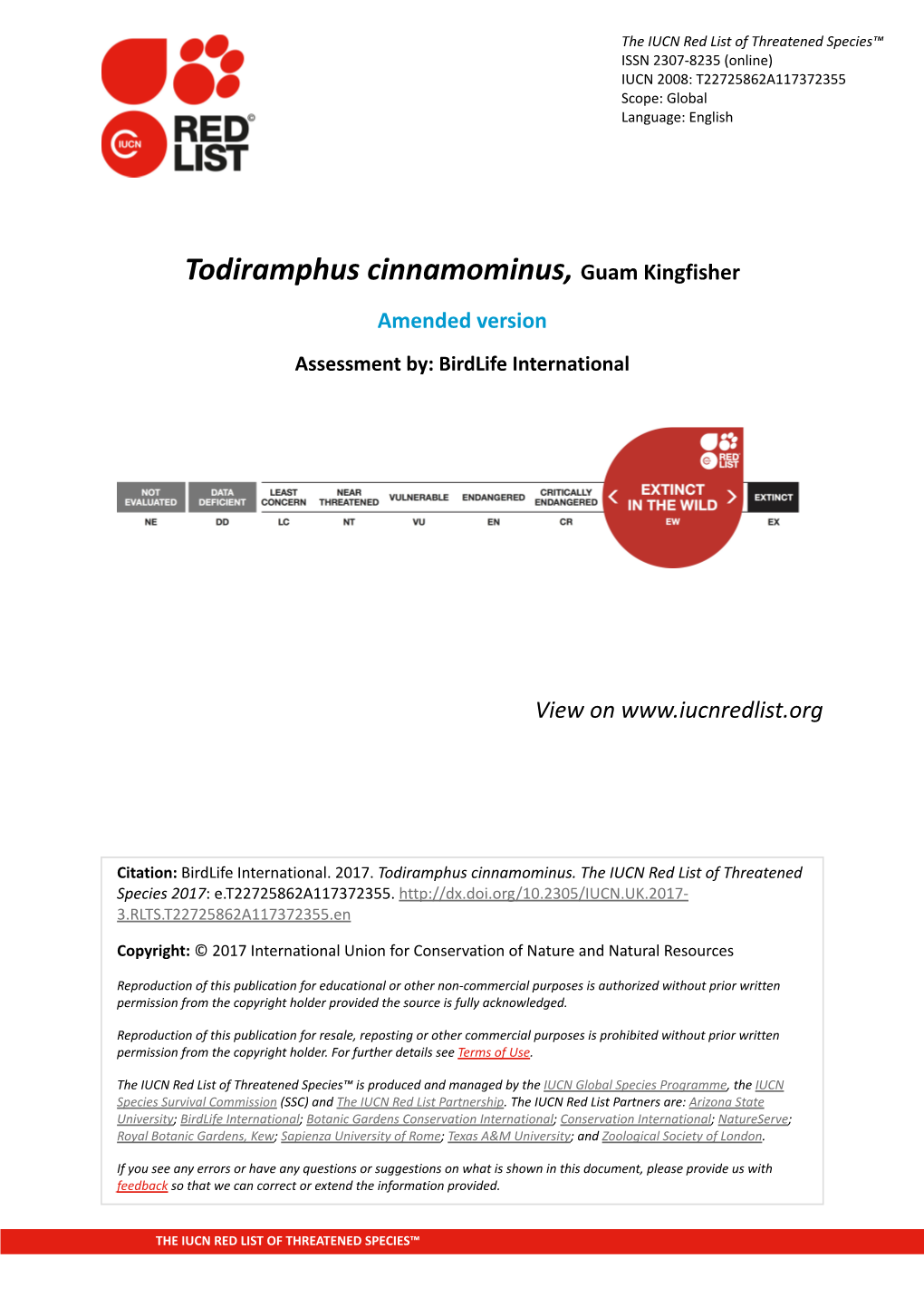 Todiramphus Cinnamominus, Guam Kingfisher Amended Version Assessment By: Birdlife International