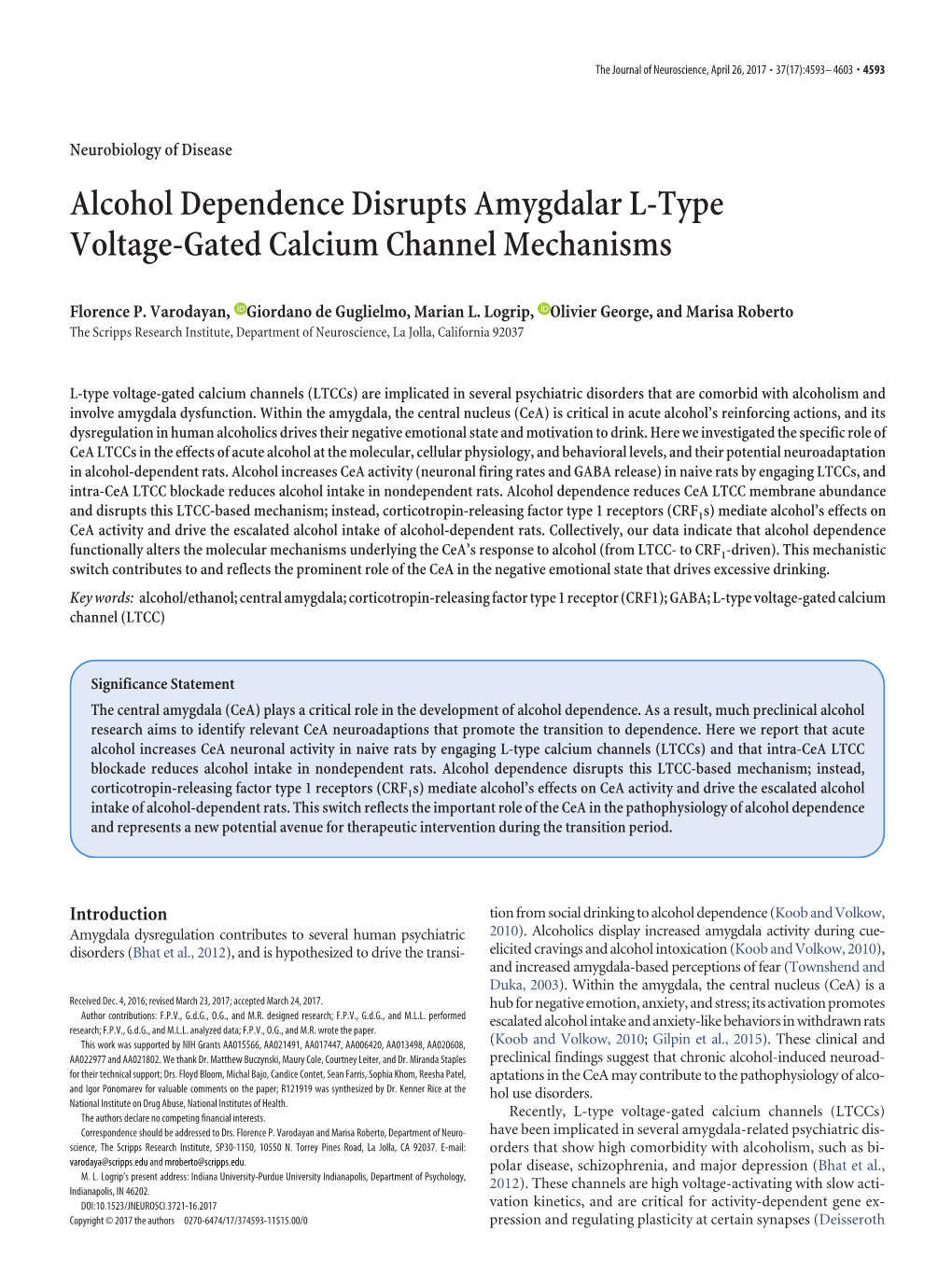 Alcohol Dependence Disrupts Amygdalar L-Type Voltage-Gated Calcium Channel Mechanisms