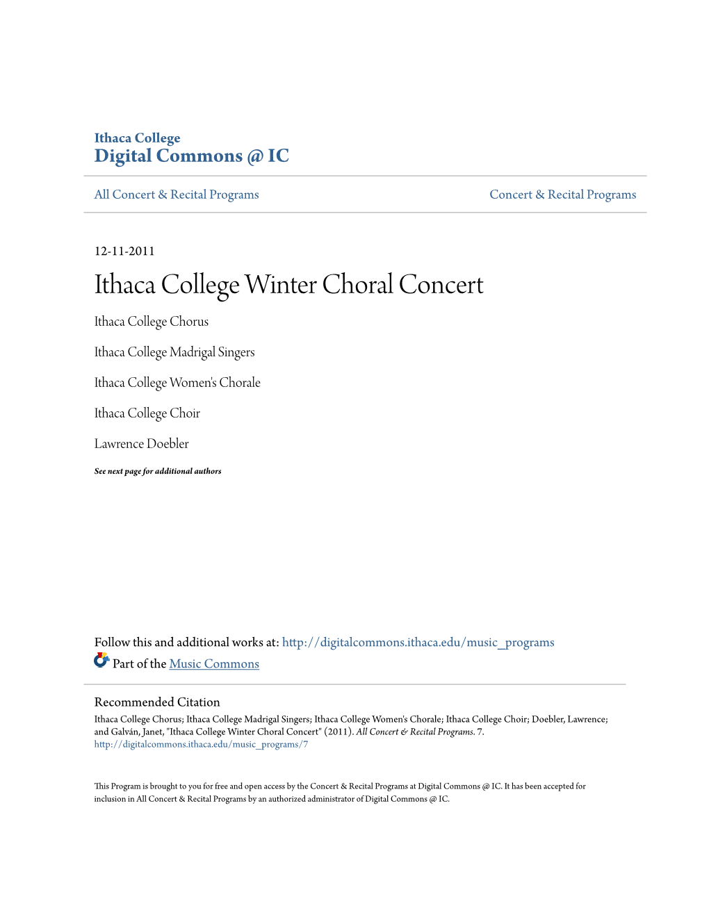 Ithaca College Winter Choral Concert Ithaca College Chorus