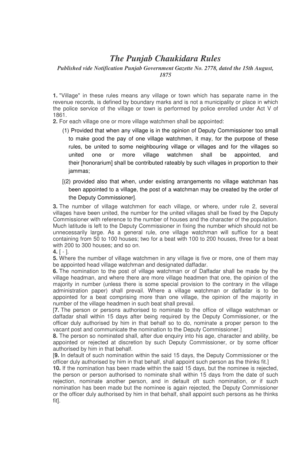 The Punjab Chaukidara Rules Published Vide Notification Punjab Government Gazette No