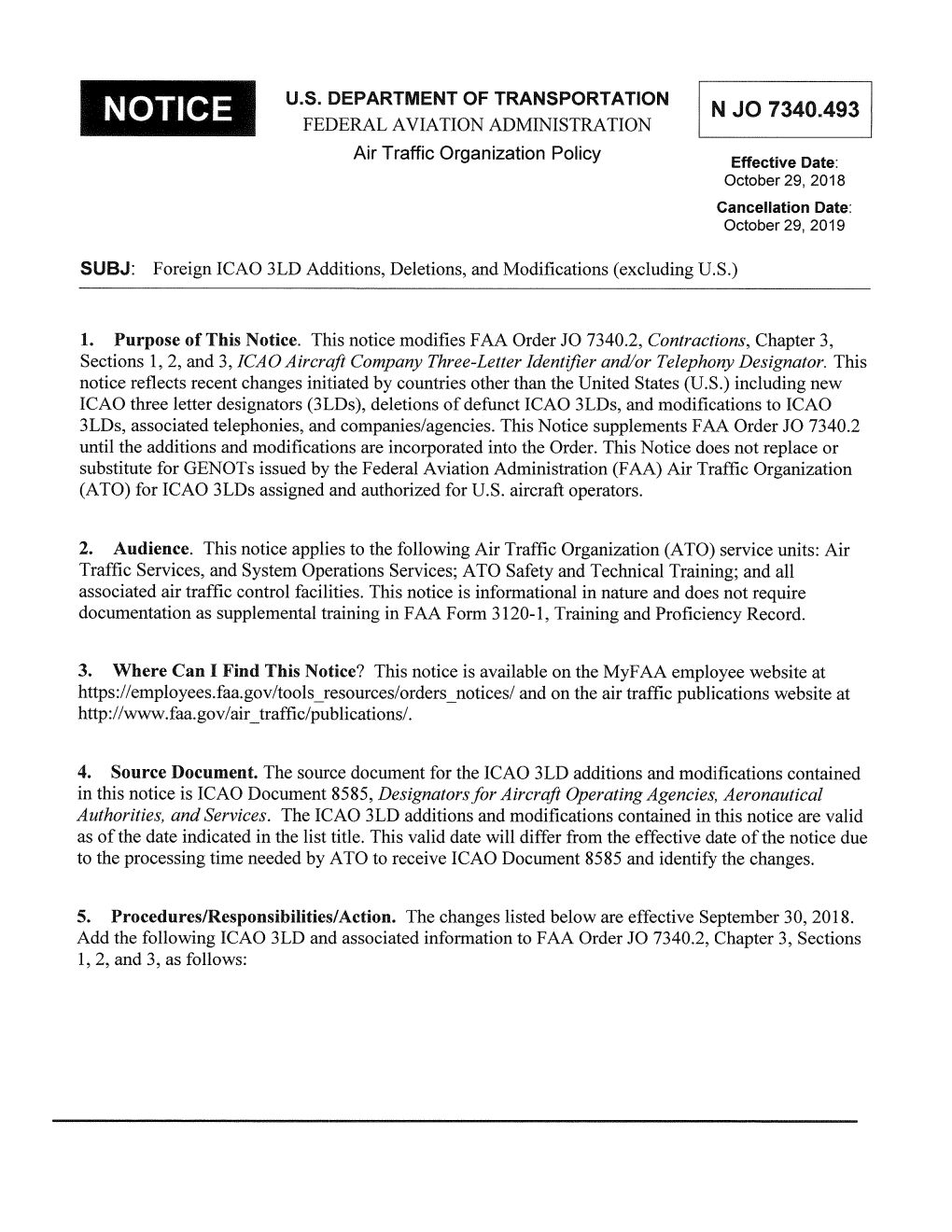 N JO 7340.493 NOTICE FEDERAL a VIATI on ADMINISTRATION Air Traffic Organization Policy Effective Date: October 29, 2018 Cancellation Date: October 29, 2019