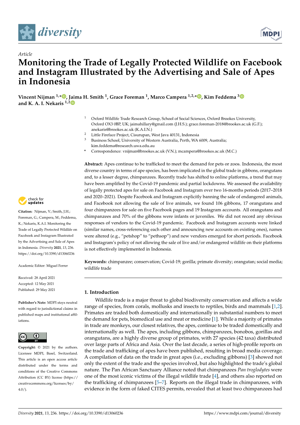 Monitoring the Trade of Legally Protected Wildlife on Facebook and Instagram Illustrated by the Advertising and Sale of Apes in Indonesia