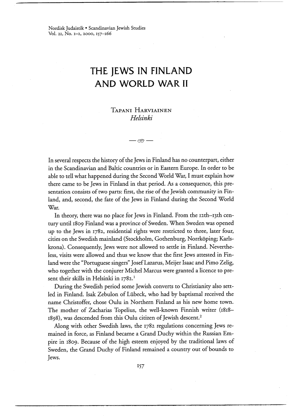 The Jews in Finland and World War Ii