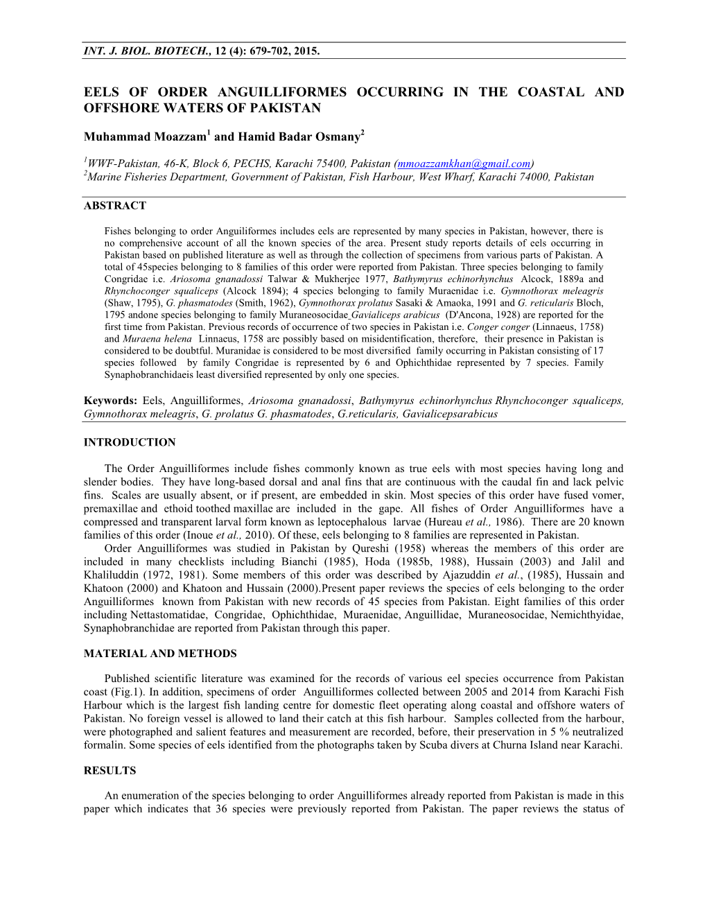 Eels of Order Anguilliformes Occurring in the Coastal and Offshore Waters of Pakistan