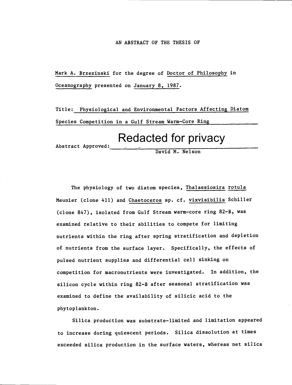 Redacted for Privacy Abstract Approved: - David M