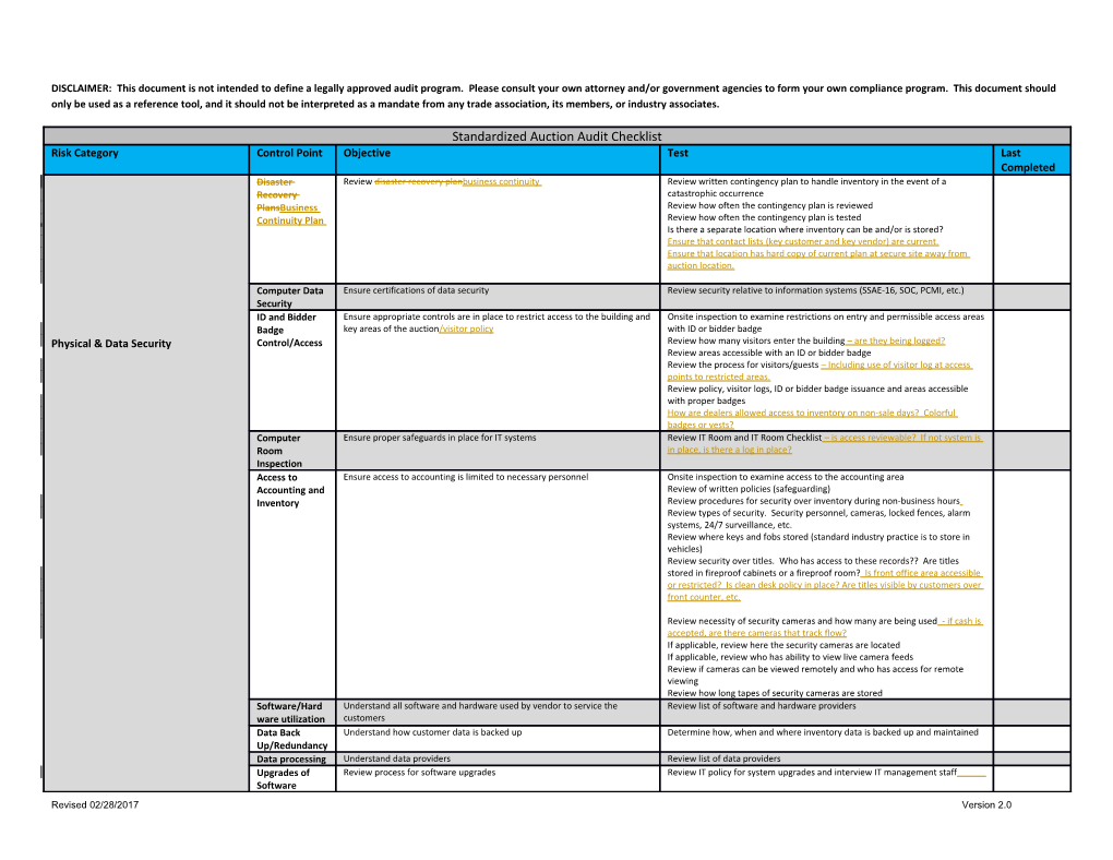 DISCLAIMER: This Document Is Not Intended to Define a Legally Approved Audit Program