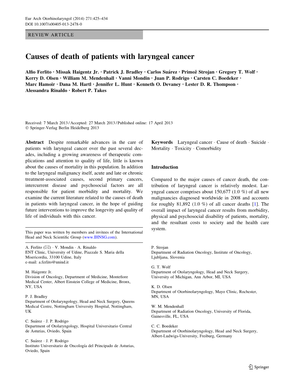 Causes of Death of Patients with Laryngeal Cancer