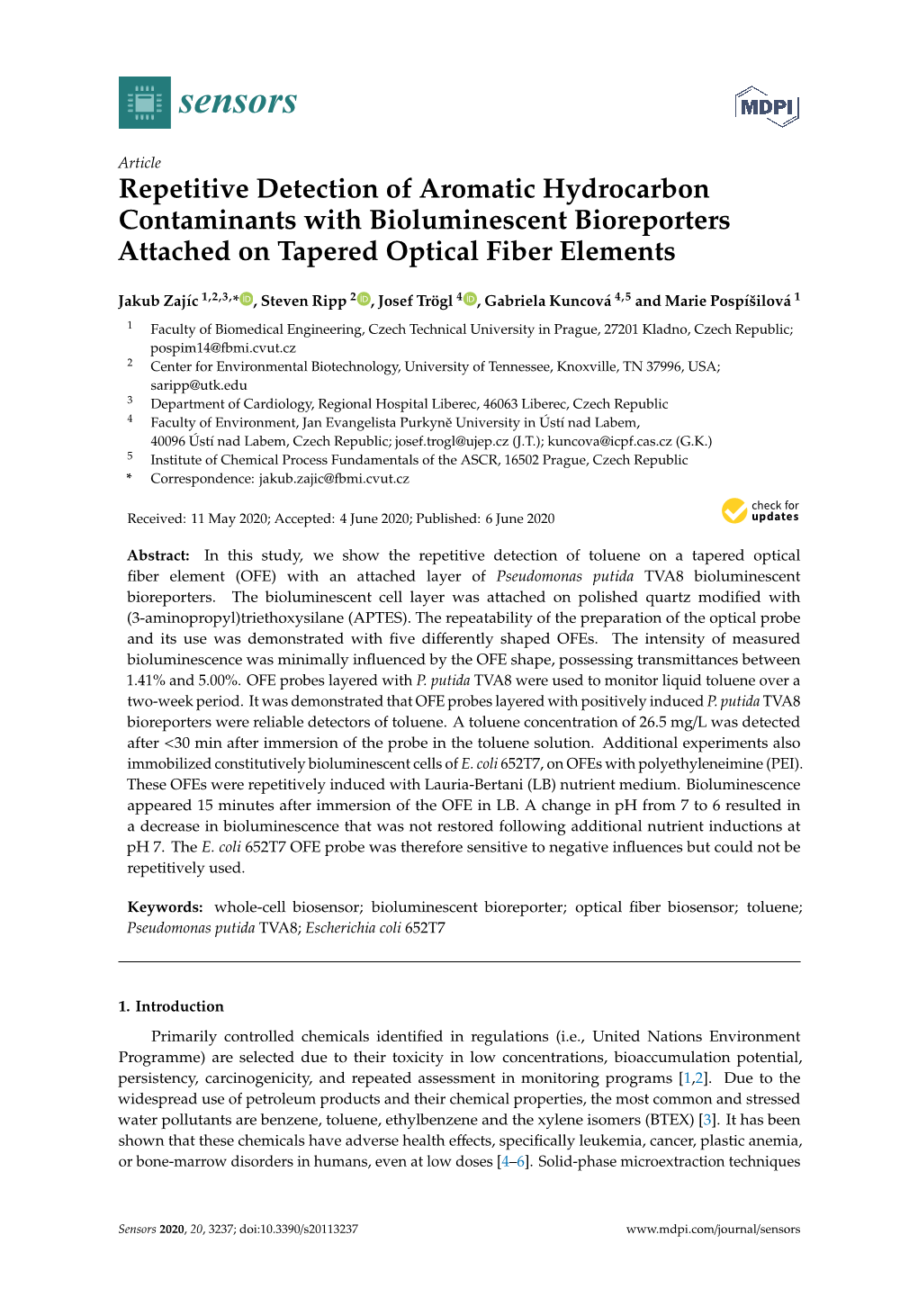 Repetitive Detection of Aromatic Hydrocarbon Contaminants with Bioluminescent Bioreporters Attached on Tapered Optical Fiber Elements