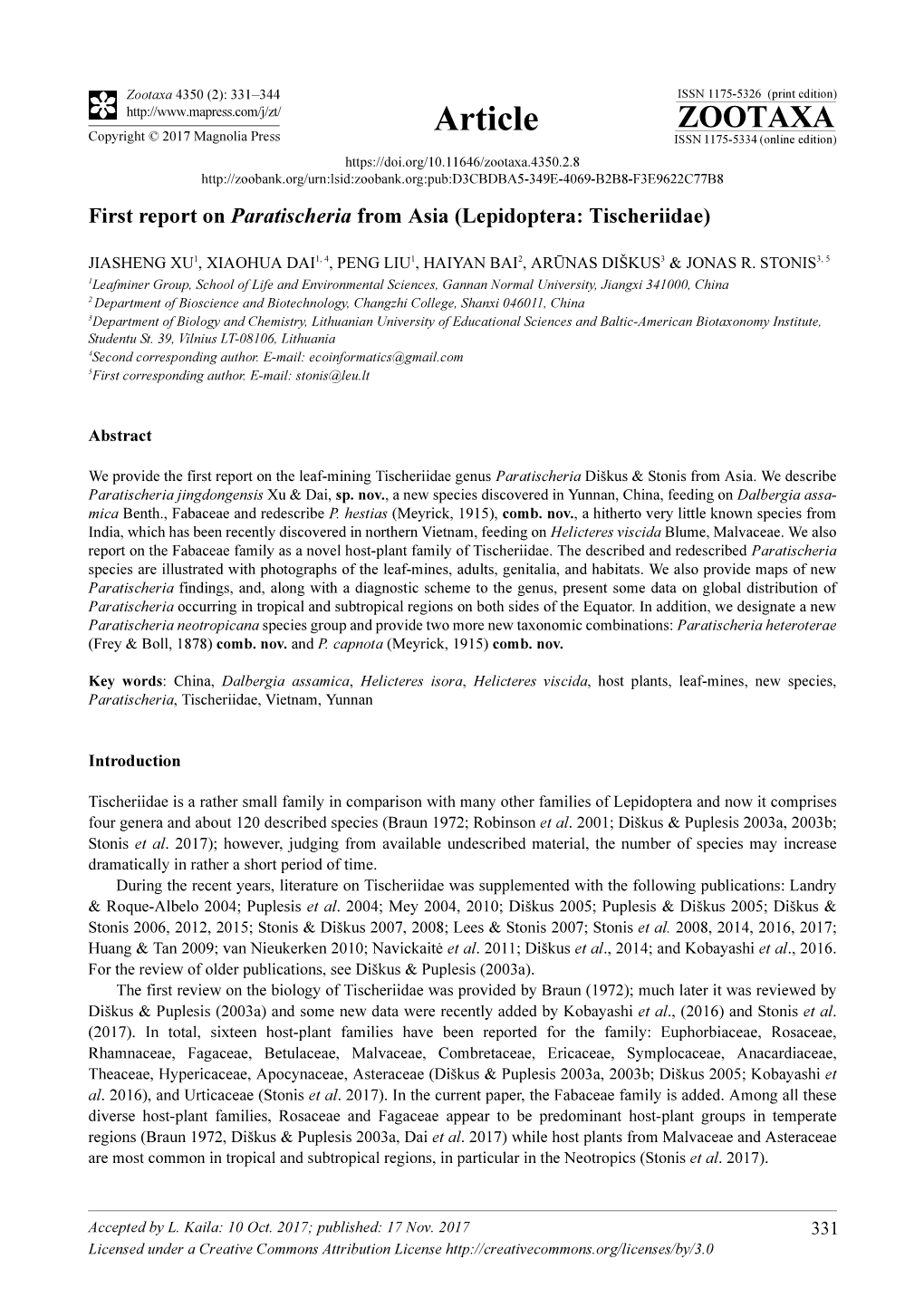 First Report on Paratischeria from Asia (Lepidoptera: Tischeriidae)