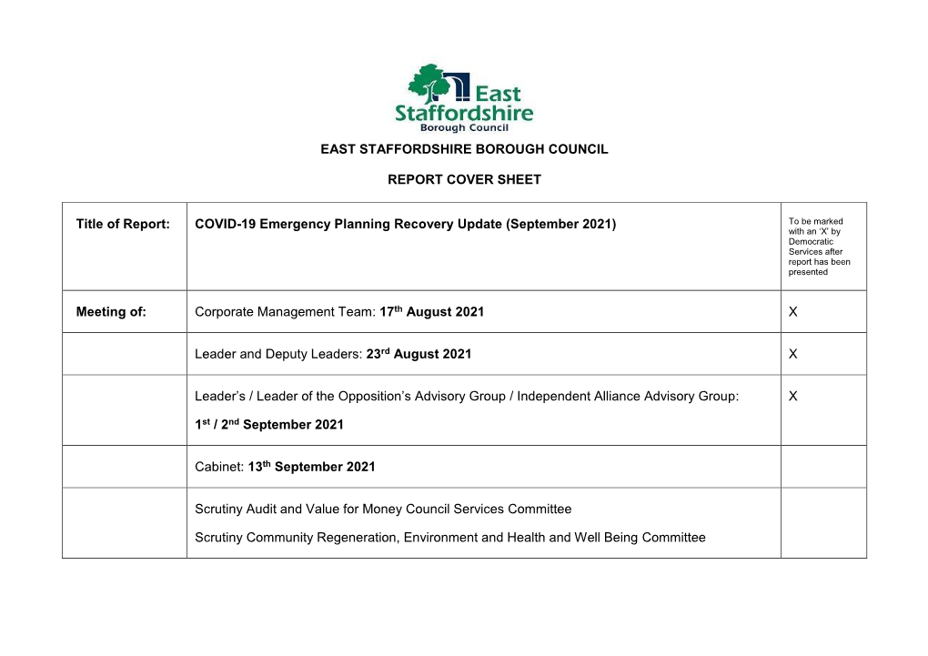 COVID-19 Emergency Planning Recovery Update (September 2021) to Be Marked with an ‘X’ by Democratic Services After Report Has Been Presented