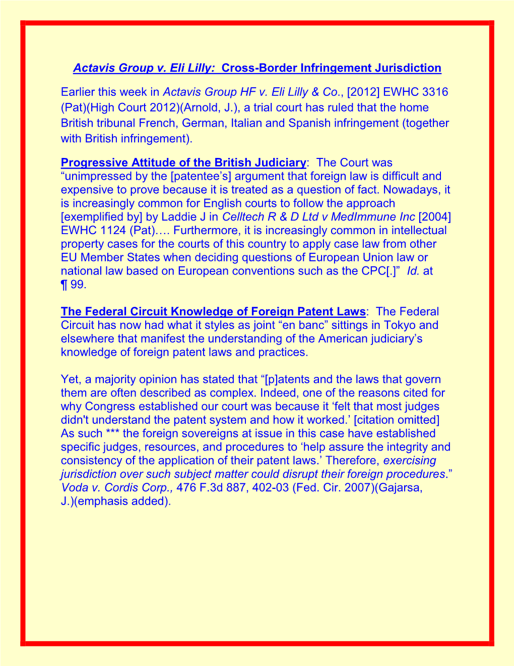 Actavis Group V. Eli Lilly: Cross-Border Infringement Jurisdiction