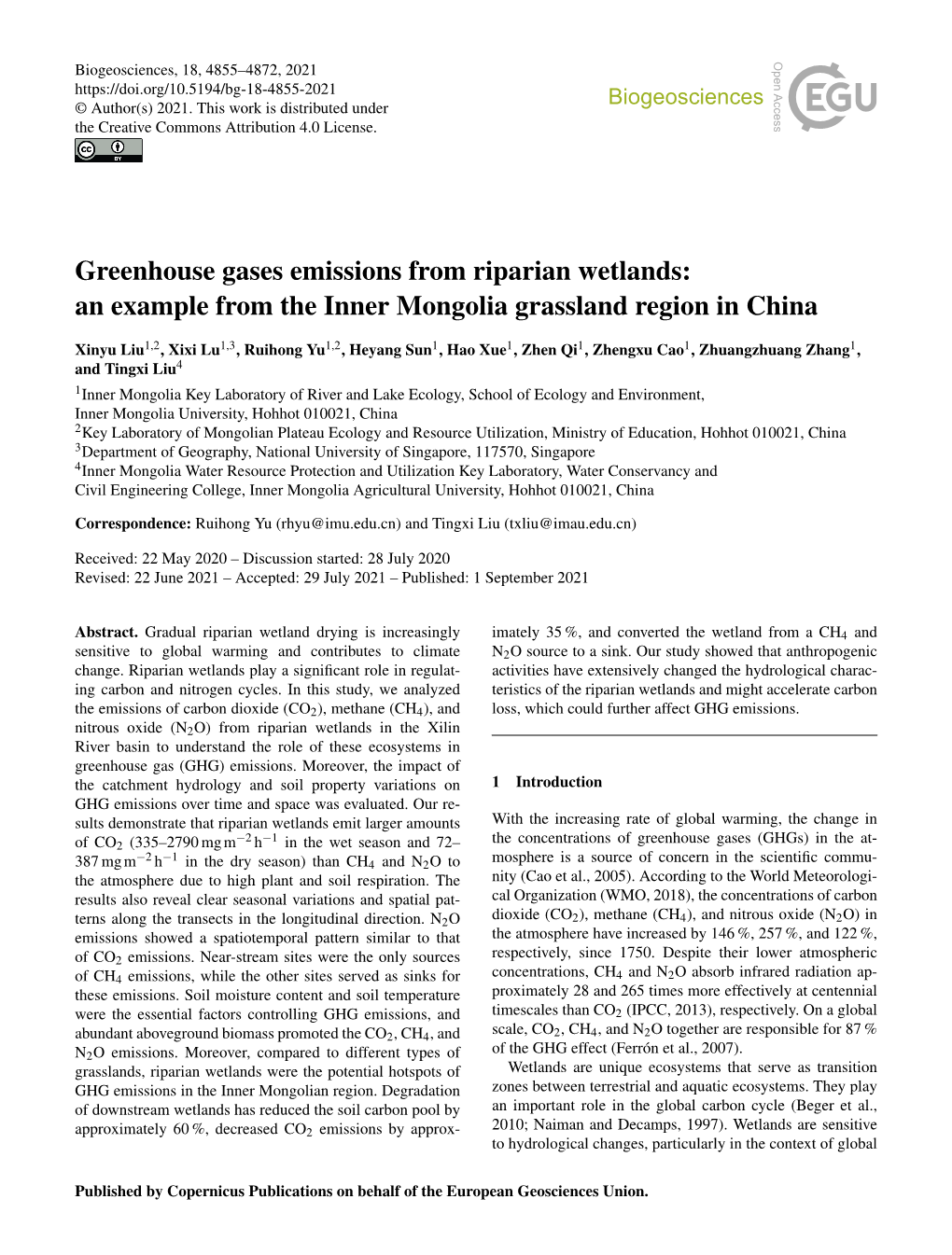 Greenhouse Gases Emissions from Riparian Wetlands: an Example from the Inner Mongolia Grassland Region in China