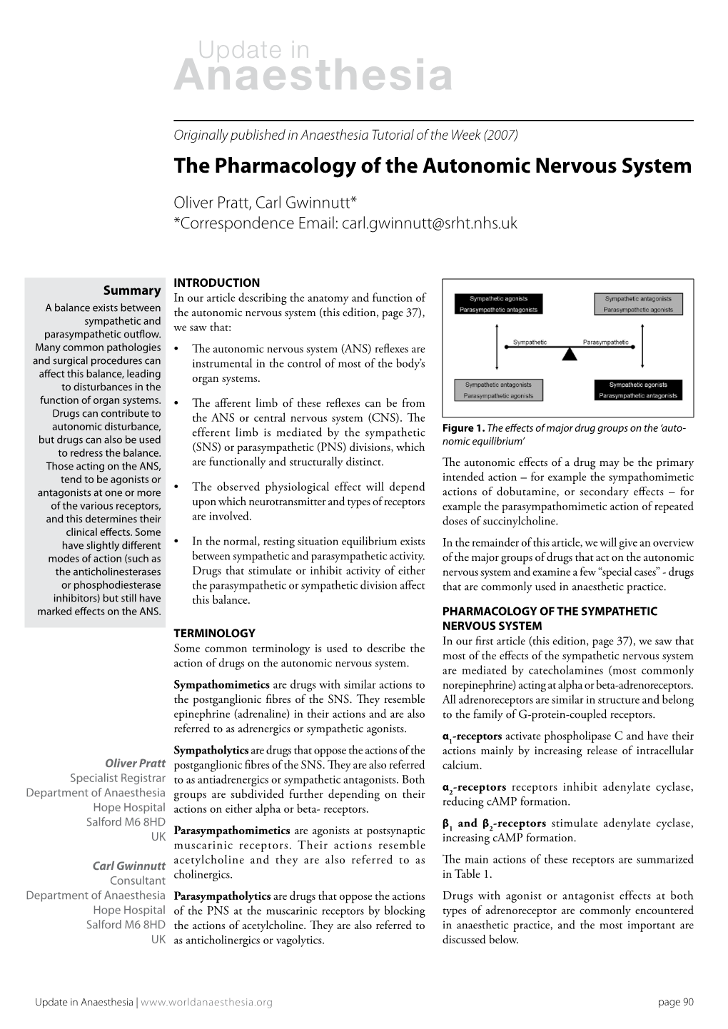 The Pharmacology of the Autonomic Nervous System Oliver Pratt, Carl Gwinnutt* *Correspondence Email: Carl.Gwinnutt@Srht.Nhs.Uk