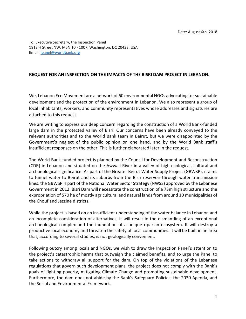 REQUEST for an INSPECTION on the IMPACTS of the BISRI DAM PROJECT in LEBANON. We, Lebanon Eco Movement Are a Network of 60 Envir