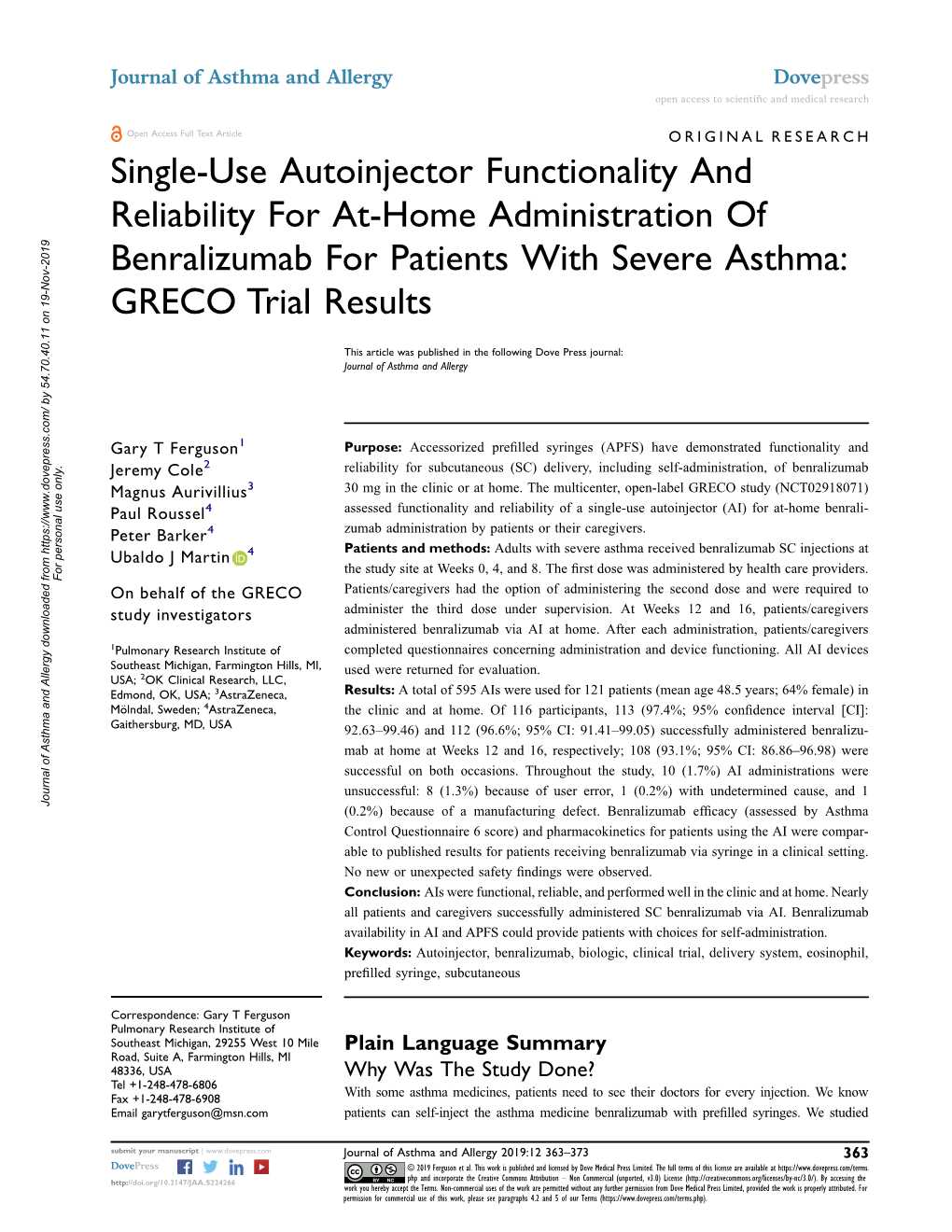 Single-Use Autoinjector Functionality and Reliability for At-Home Administration of Benralizumab for Patients with Severe Asthma: GRECO Trial Results