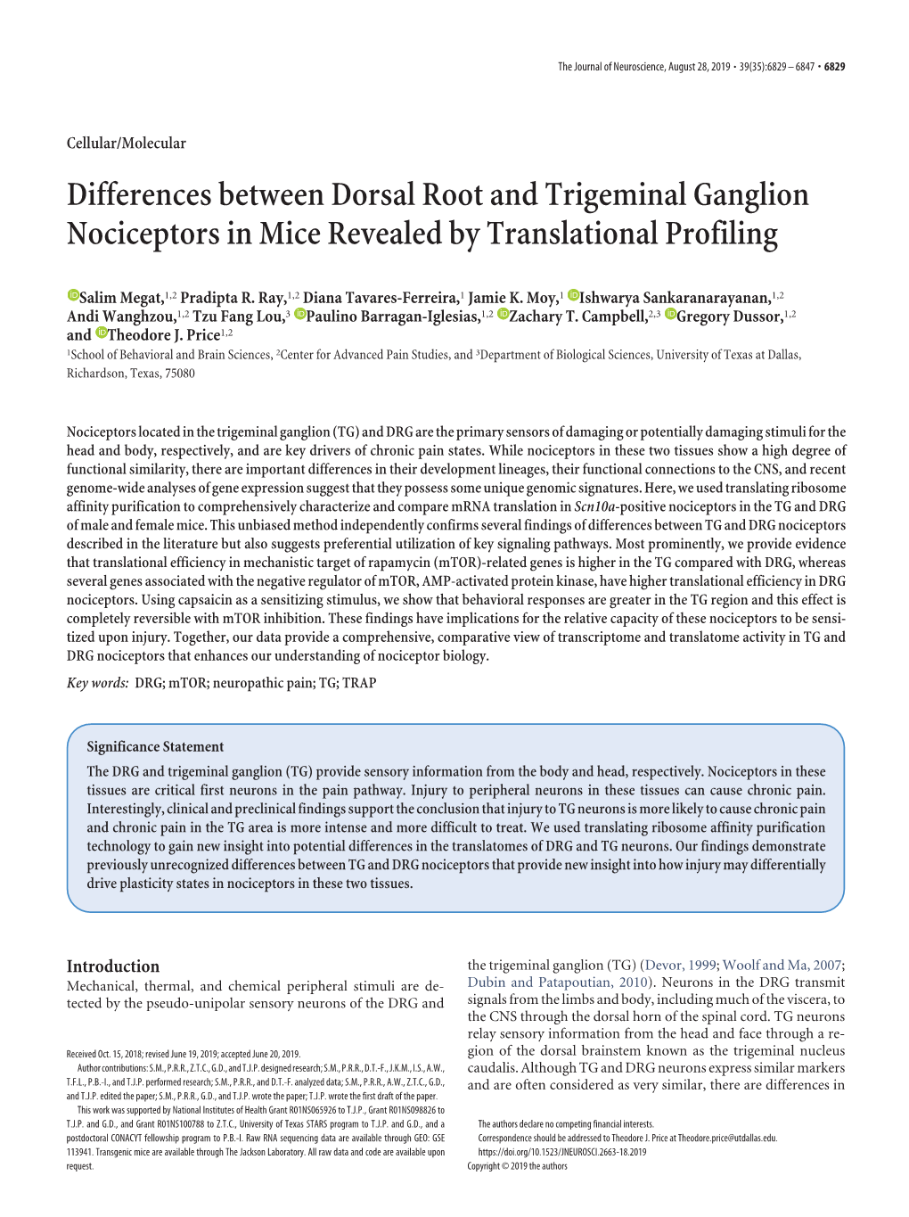 Differences Between Dorsal Root and Trigeminal Ganglion Nociceptors in Mice Revealed by Translational Profiling