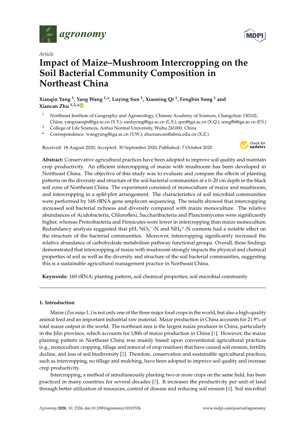 Impact of Maize–Mushroom Intercropping on the Soil Bacterial Community Composition in Northeast China