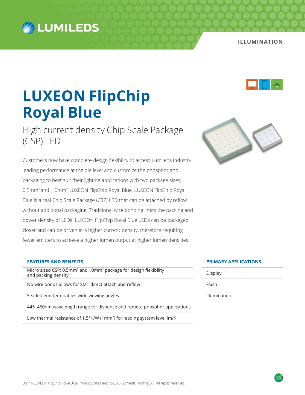 LUXEON Flipchip Royal Blue High Current Density Chip Scale Package (CSP) LED