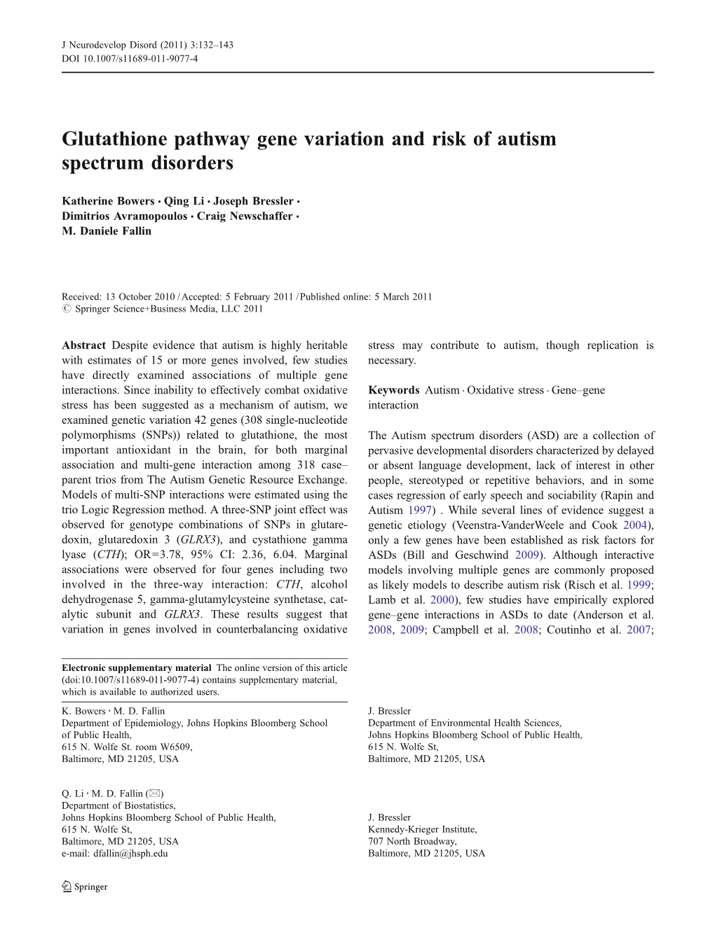 Glutathione Pathway Gene Variation and Risk of Autism Spectrum Disorders