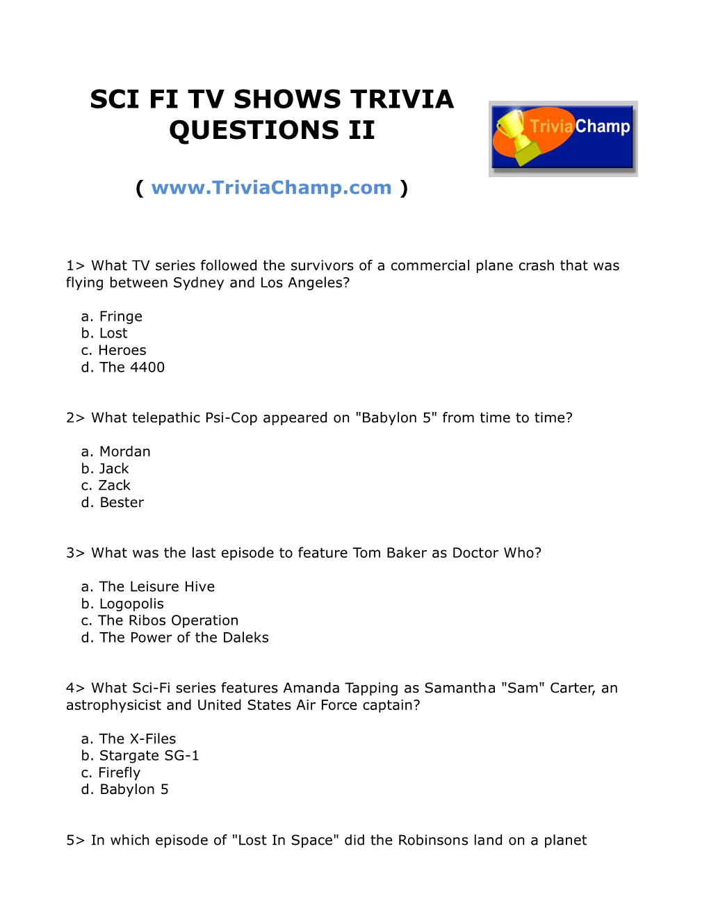 Sci Fi Tv Shows Trivia Questions Ii