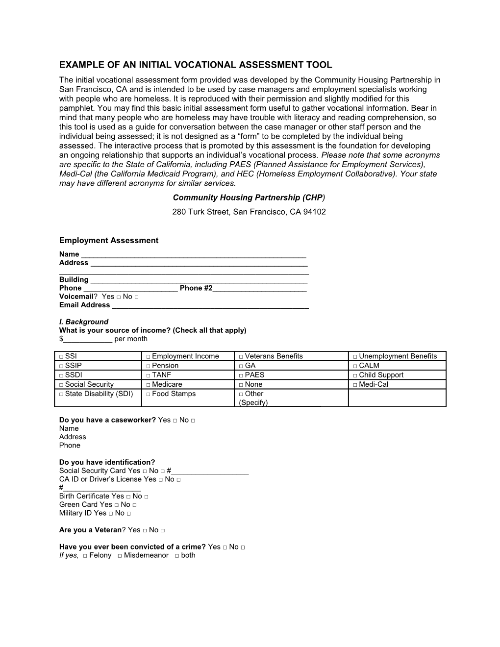 Example of an Initial Vocational Assessment Tool