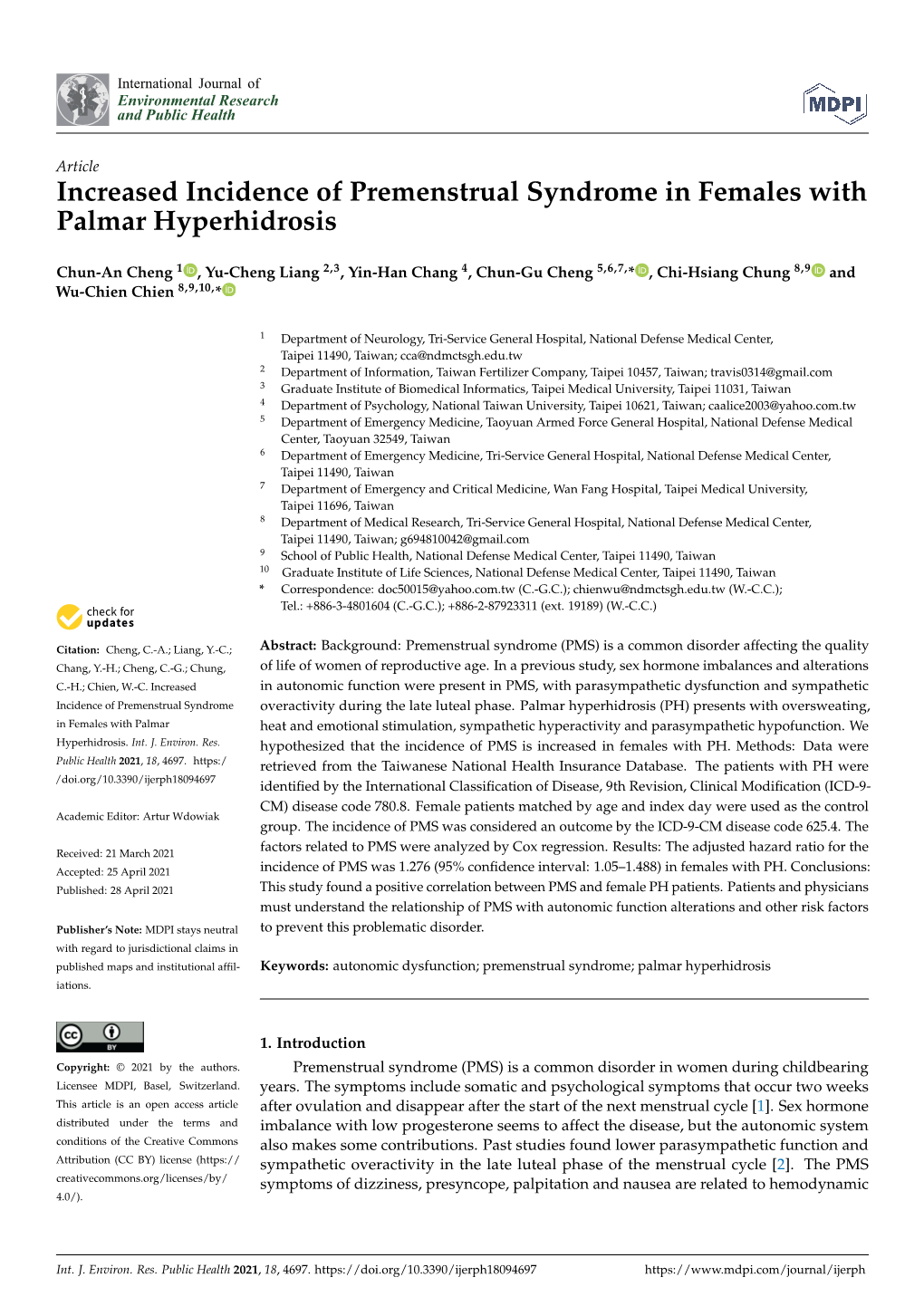 Increased Incidence of Premenstrual Syndrome in Females with Palmar Hyperhidrosis