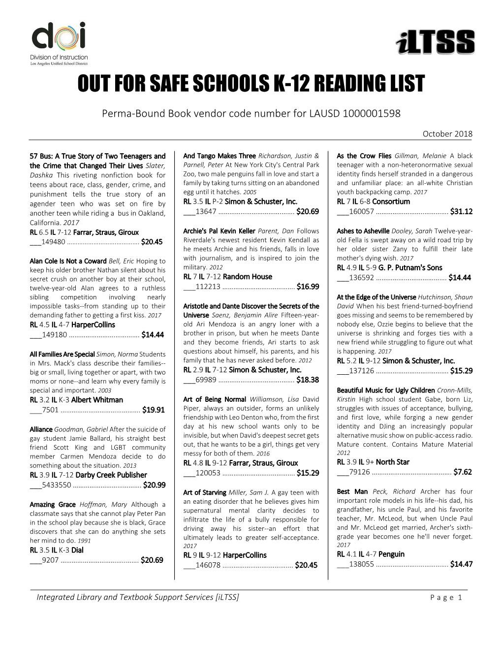 Out for Safe Schools K-12 Reading List