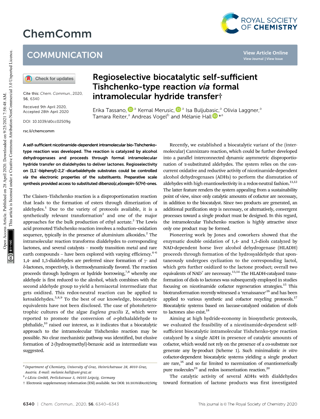 Regioselective Biocatalytic Self-Sufficient Tishchenko-Type