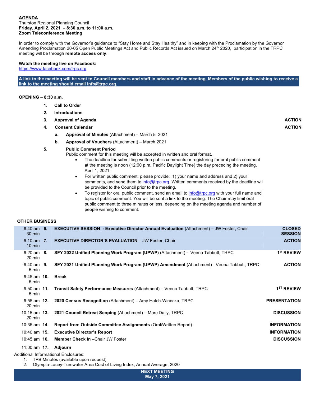 AGENDA Thurston Regional Planning Council Friday, April 2, 2021 – 8:30 A.M