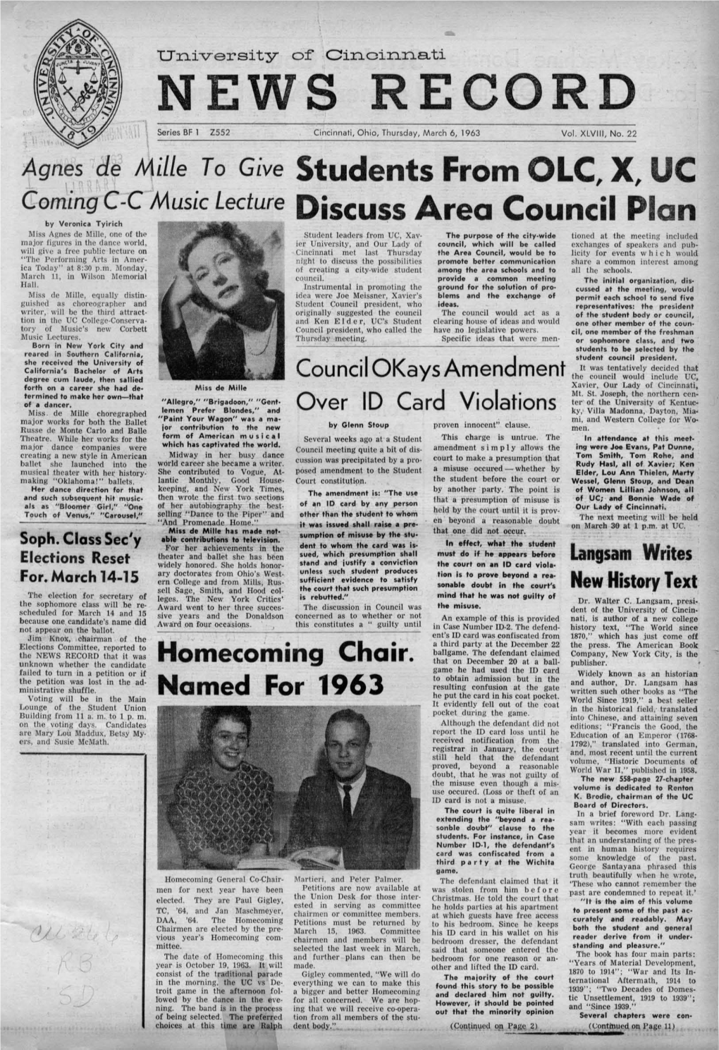 University of Cincinnati News Record. Thursday, March 7, 1963. Vol