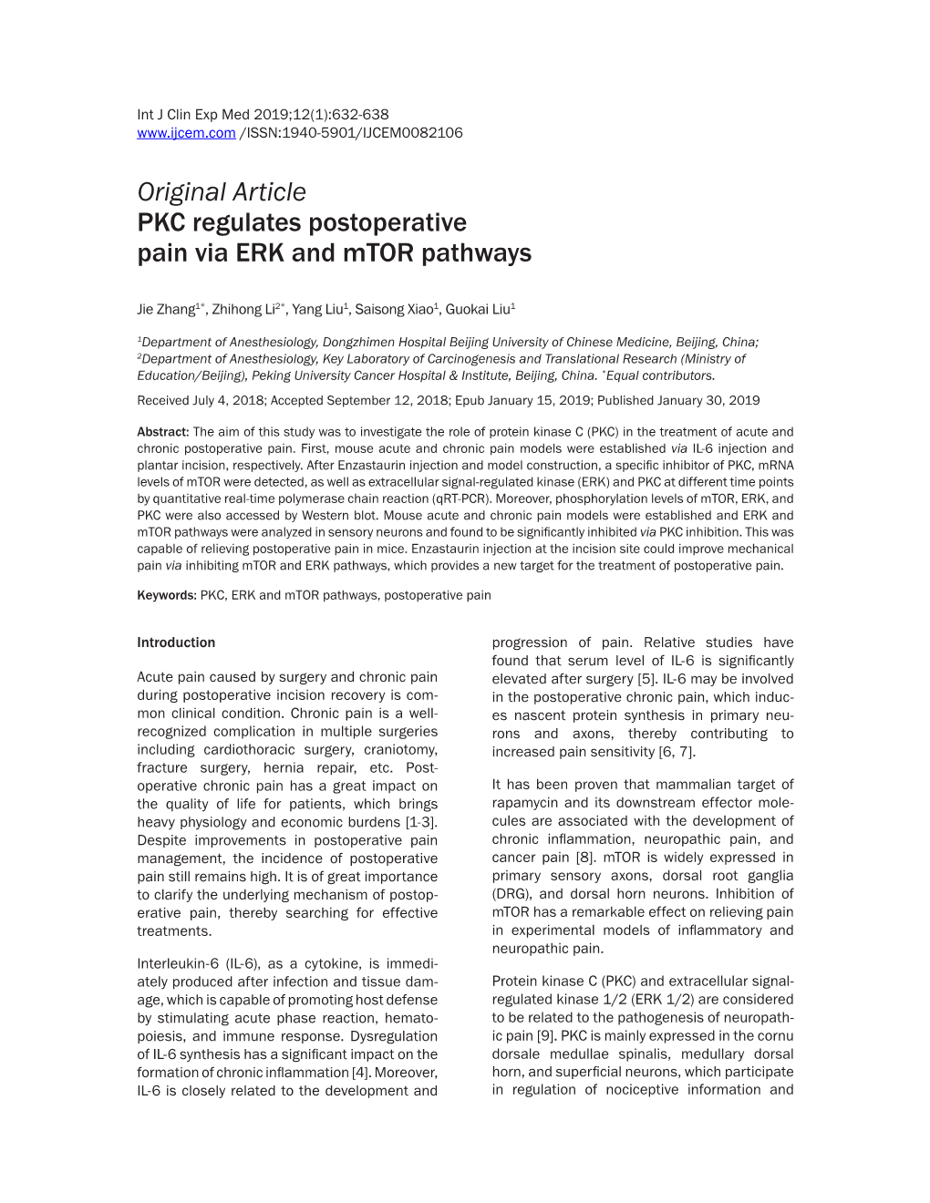 Original Article PKC Regulates Postoperative Pain Via ERK and Mtor Pathways