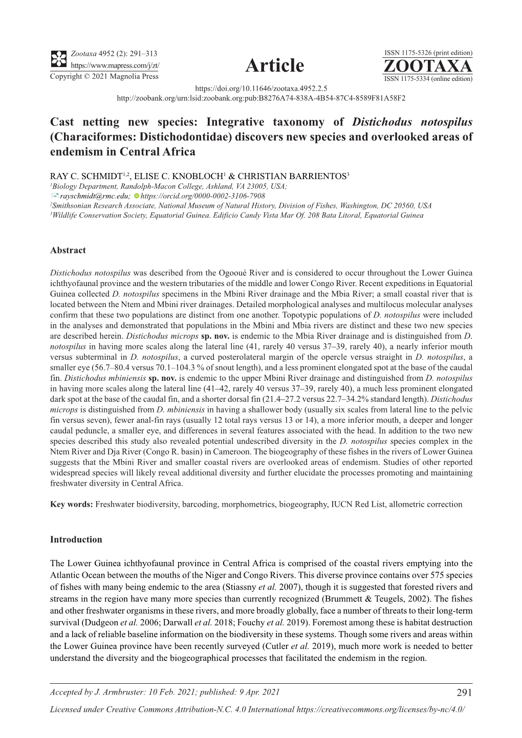 Integrative Taxonomy of Distichodus Notospilus (Characiformes: Distichodontidae) Discovers New Species and Overlooked Areas of Endemism in Central Africa