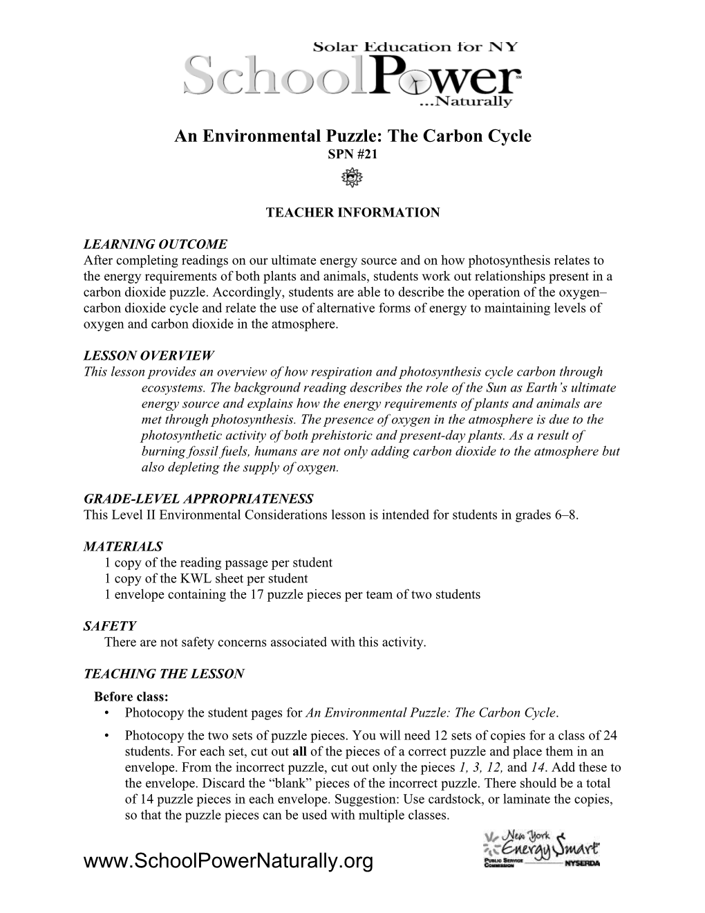 An Environmental Puzzle: the Carbon Cycle SPN# 21