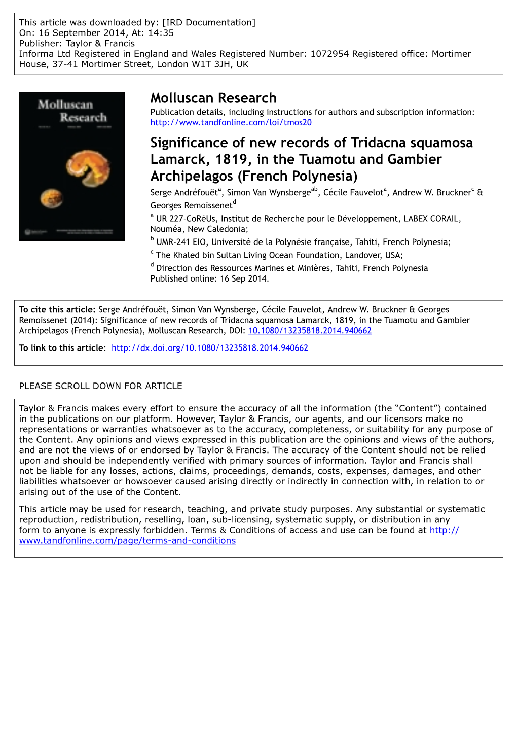 Significance of New Records of Tridacna Squamosa Lamarck, 1819