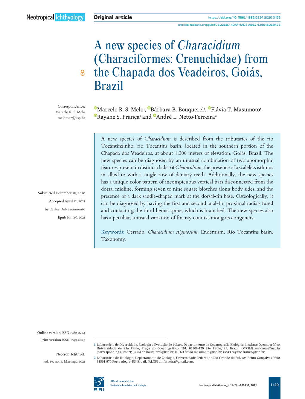 A New Species of Characidium (Characiformes: Crenuchidae) from the Chapada Dos Veadeiros, Goiás, Brazil