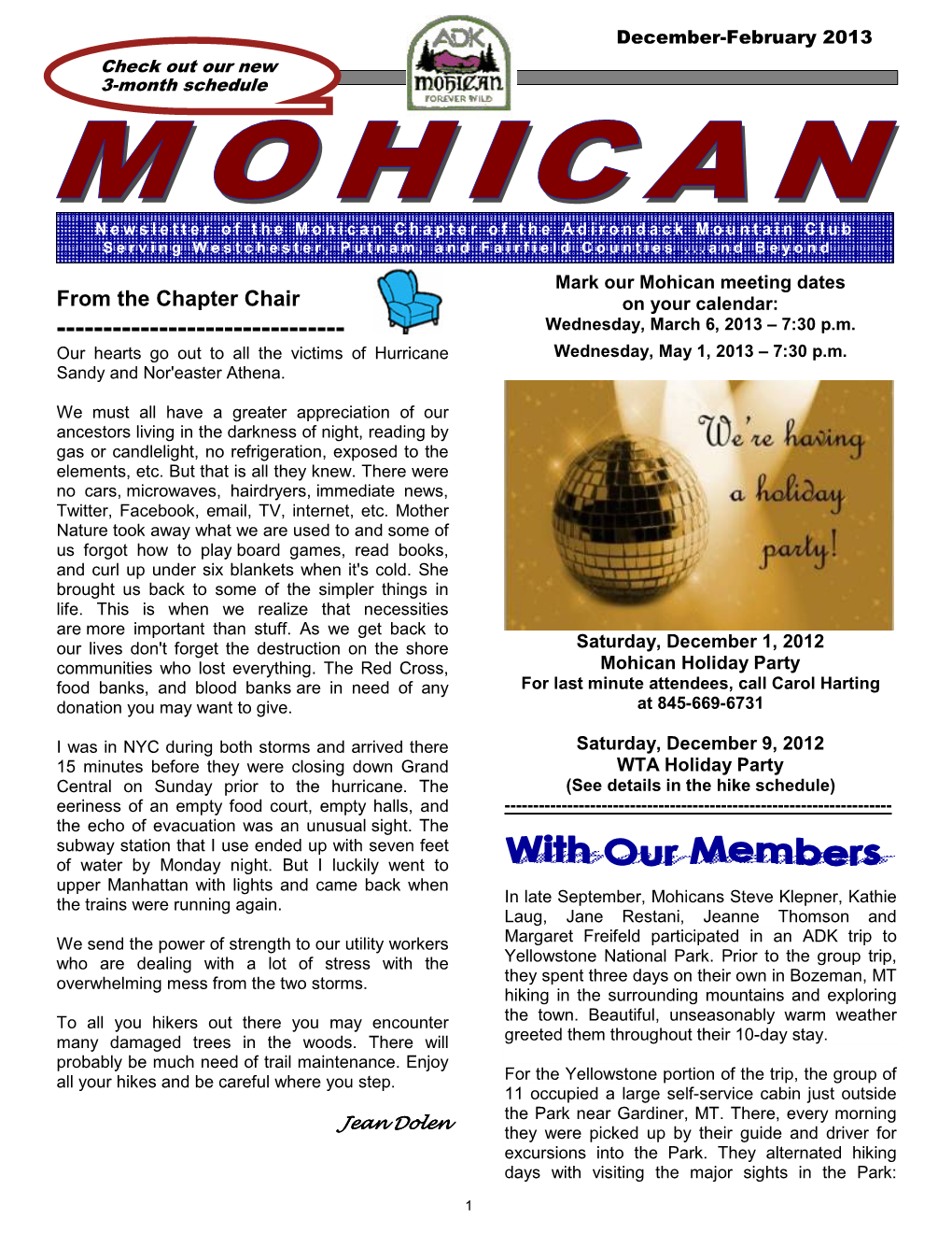 From the Chapter Chair on Your Calendar: Wednesday, March 6, 2013 – 7:30 P.M