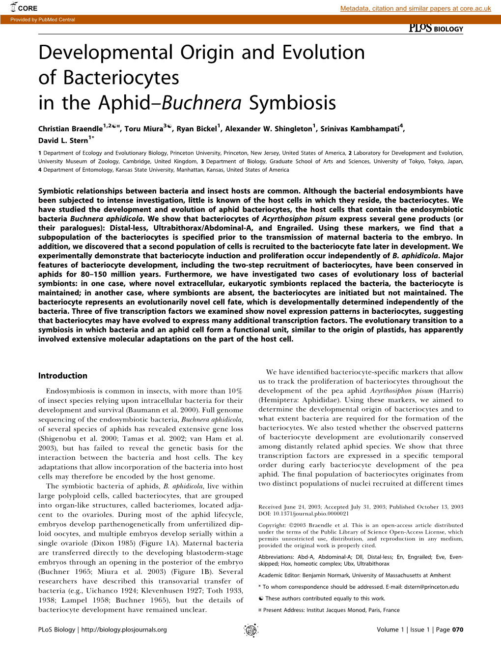 Developmental Origin and Evolution of Bacteriocytes in the Aphid–Buchnera Symbiosis