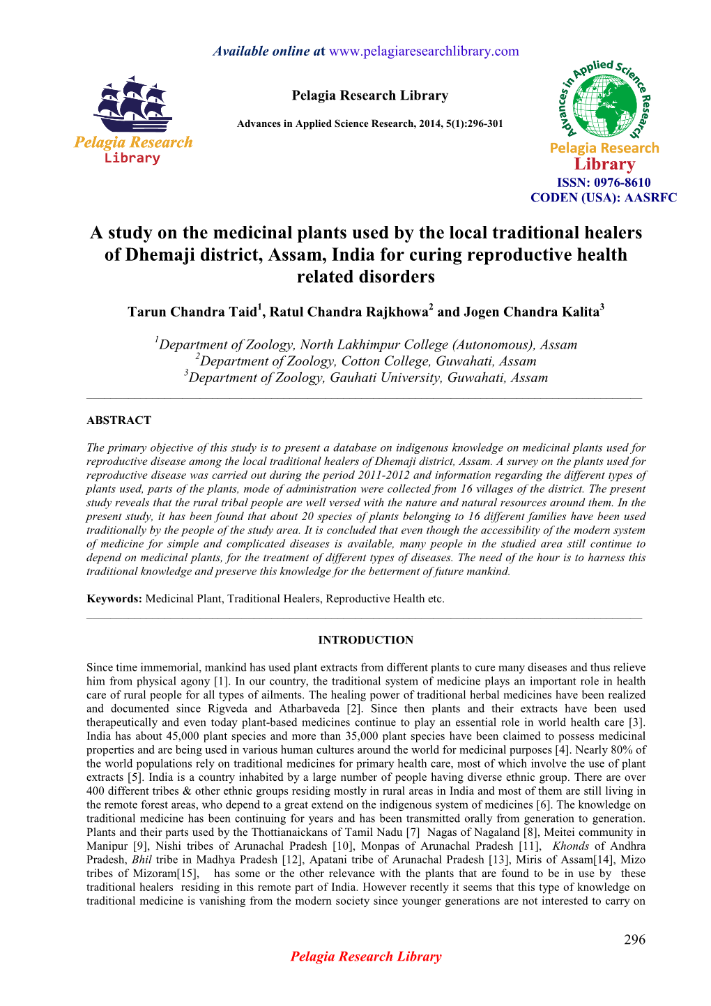 A Study on the Medicinal Plants Used by the Local Traditional Healers of Dhemaji District, Assam, India for Curing Reproductive Health Related Disorders