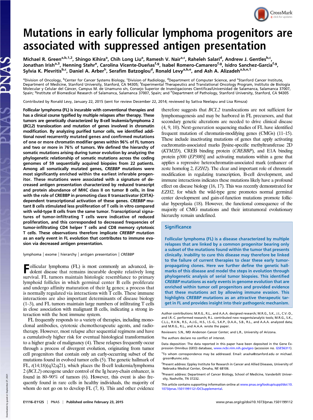 Mutations in Early Follicular Lymphoma Progenitors Are Associated with Suppressed Antigen Presentation