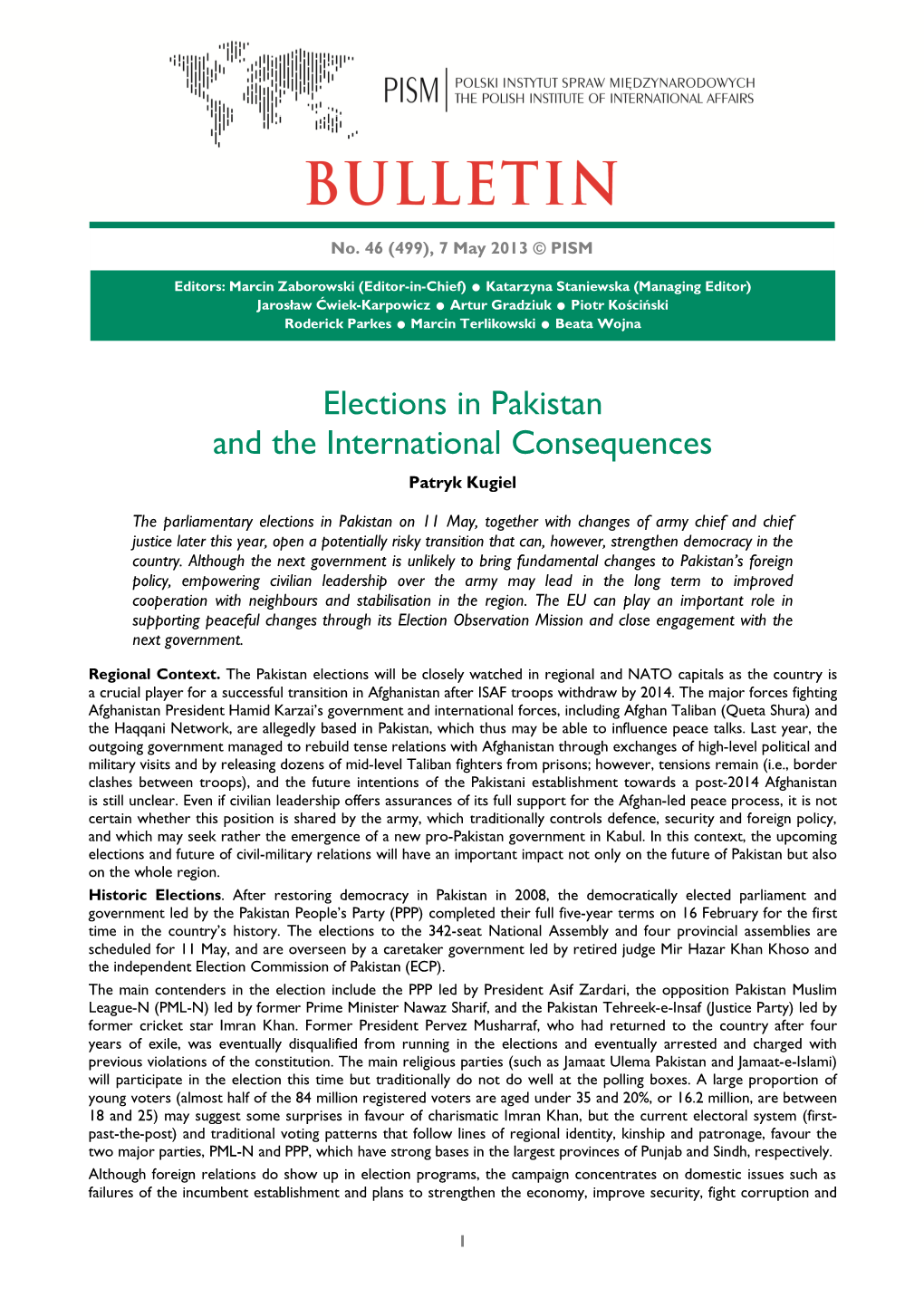 Elections in Pakistan and the International Consequences Patryk Kugiel