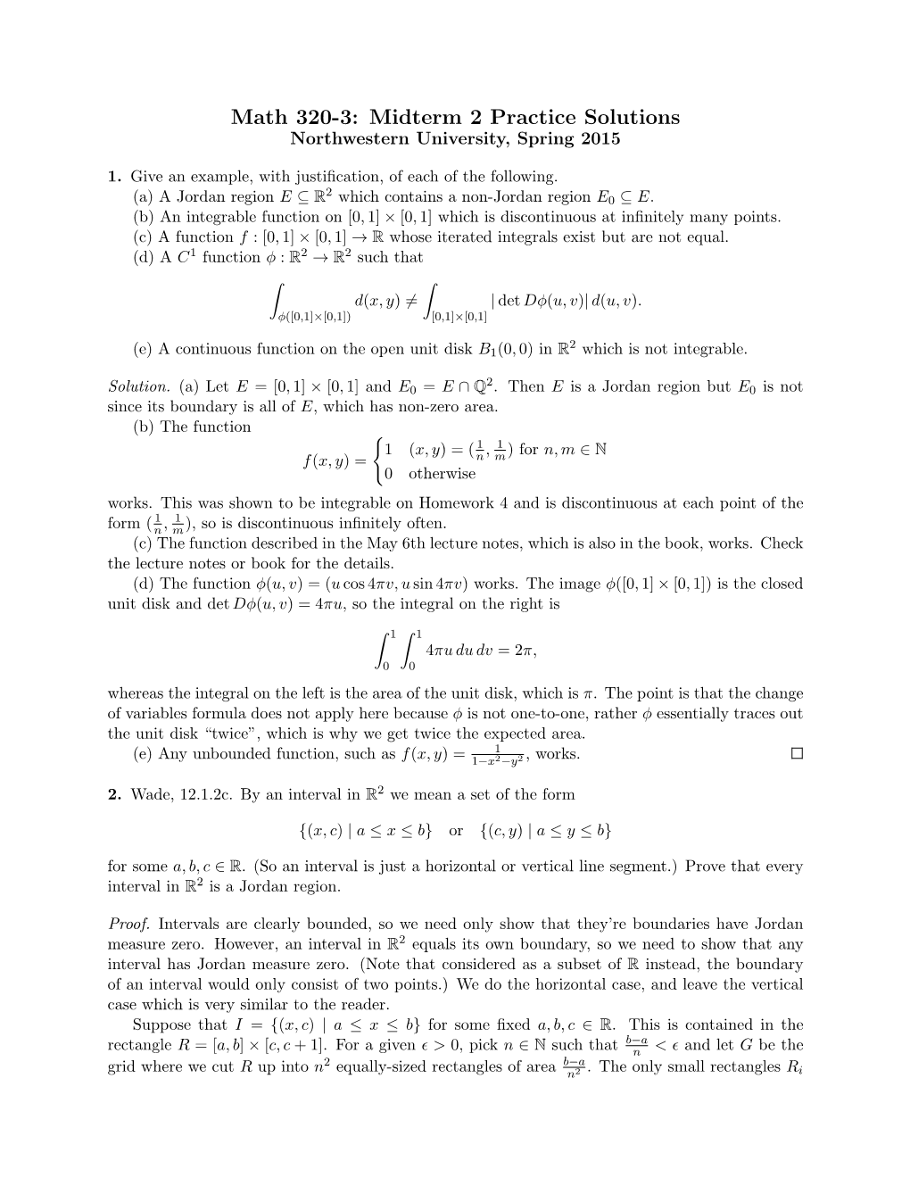 Math 320-3: Midterm 2 Practice Solutions Northwestern University, Spring 2015