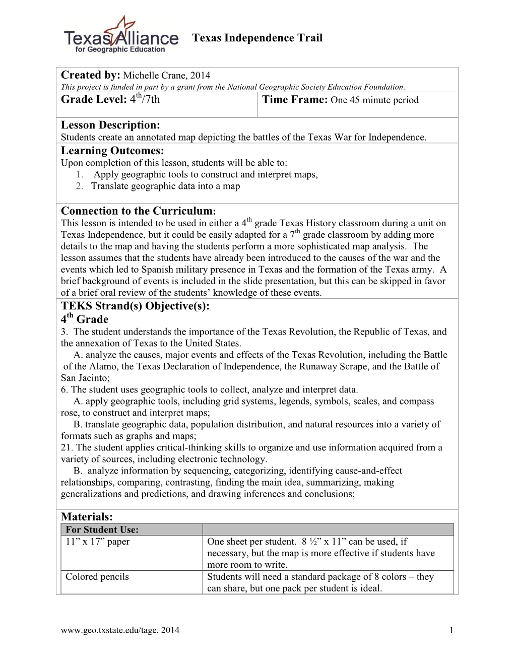 Texas Independence Trail Grade Level: 4 /7Th Lesson Description: Learning Outcomes: Connection to the Curriculum: TEKS Strand(