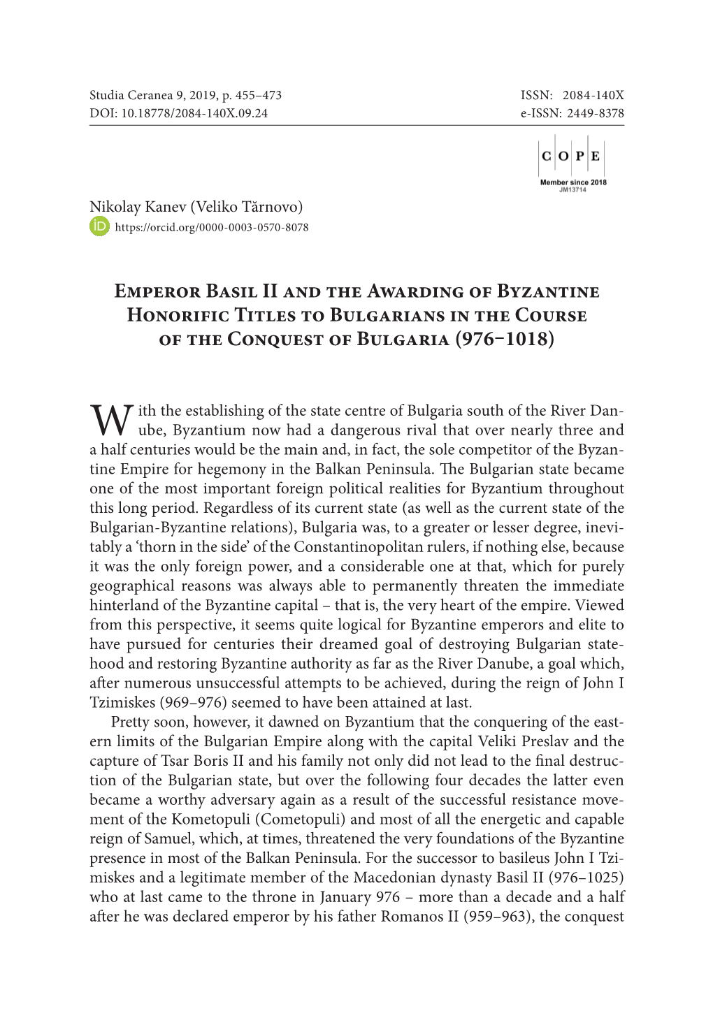 Emperor Basil II and the Awarding of Byzantine Honorific Titles to Bulgarians in the Course of the Conquest of Bulgaria (976–1018)